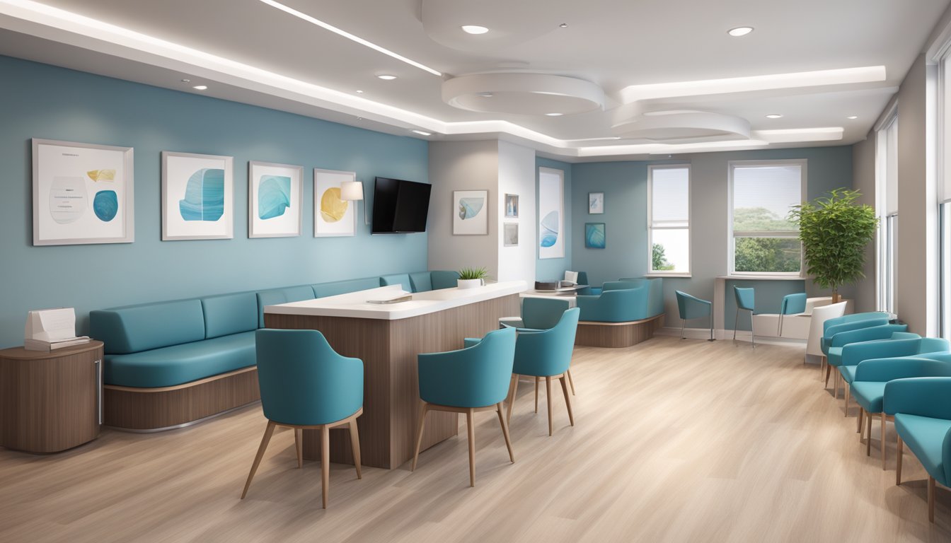 A modern cardiology clinic with a sleek reception area, comfortable seating, and informational brochures on display. A professional and welcoming atmosphere