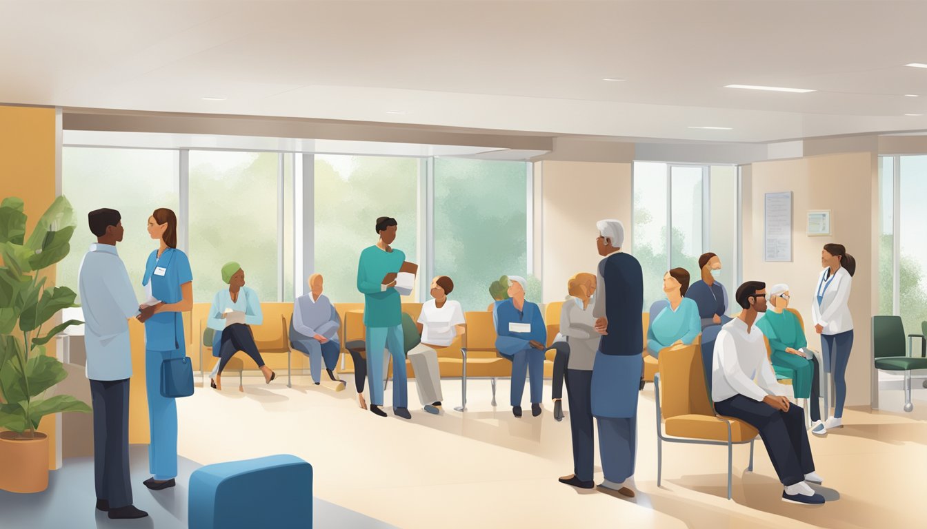 Patients fill waiting room at Nobel Heart Centre, clinic sign prominent. Staff bustle, medical equipment present