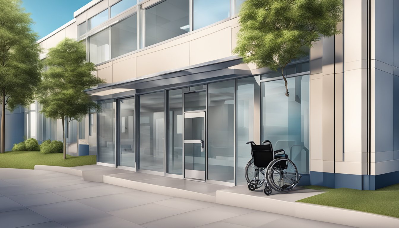 A modern cardiology clinic with a clear sign and wheelchair ramp for accessibility