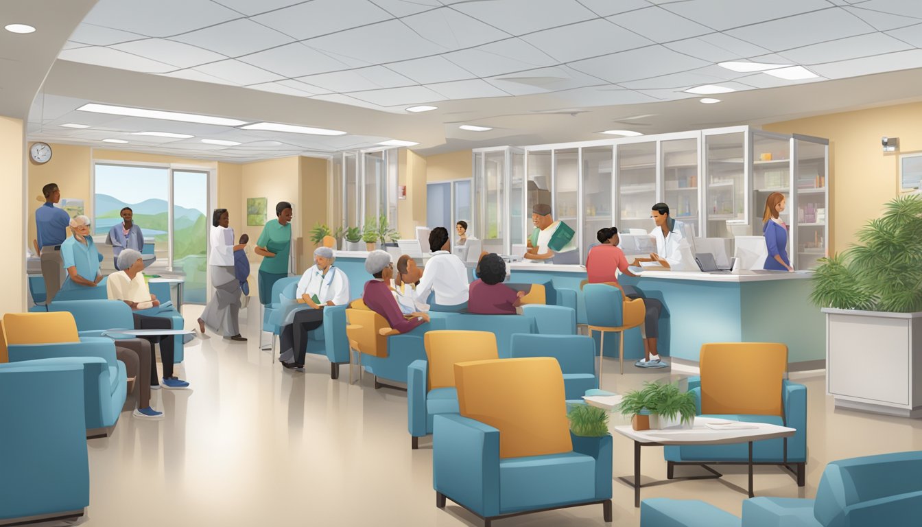 A bustling cardiology clinic with patients checking in, staff assisting, and a waiting area filled with comfortable seating and informational brochures