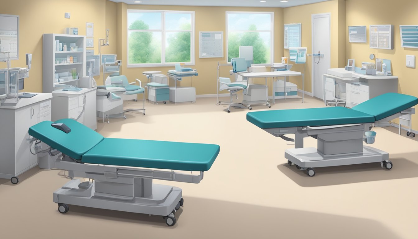 The cardiology clinic bustles with patients and staff. Medical equipment lines the walls, and a soothing color scheme creates a calming atmosphere