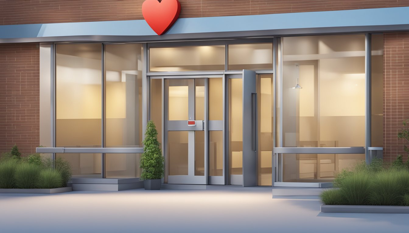 A Healing Heart Medical Clinic sign hangs above a modern cardiology clinic entrance. The building features clean lines and a welcoming atmosphere