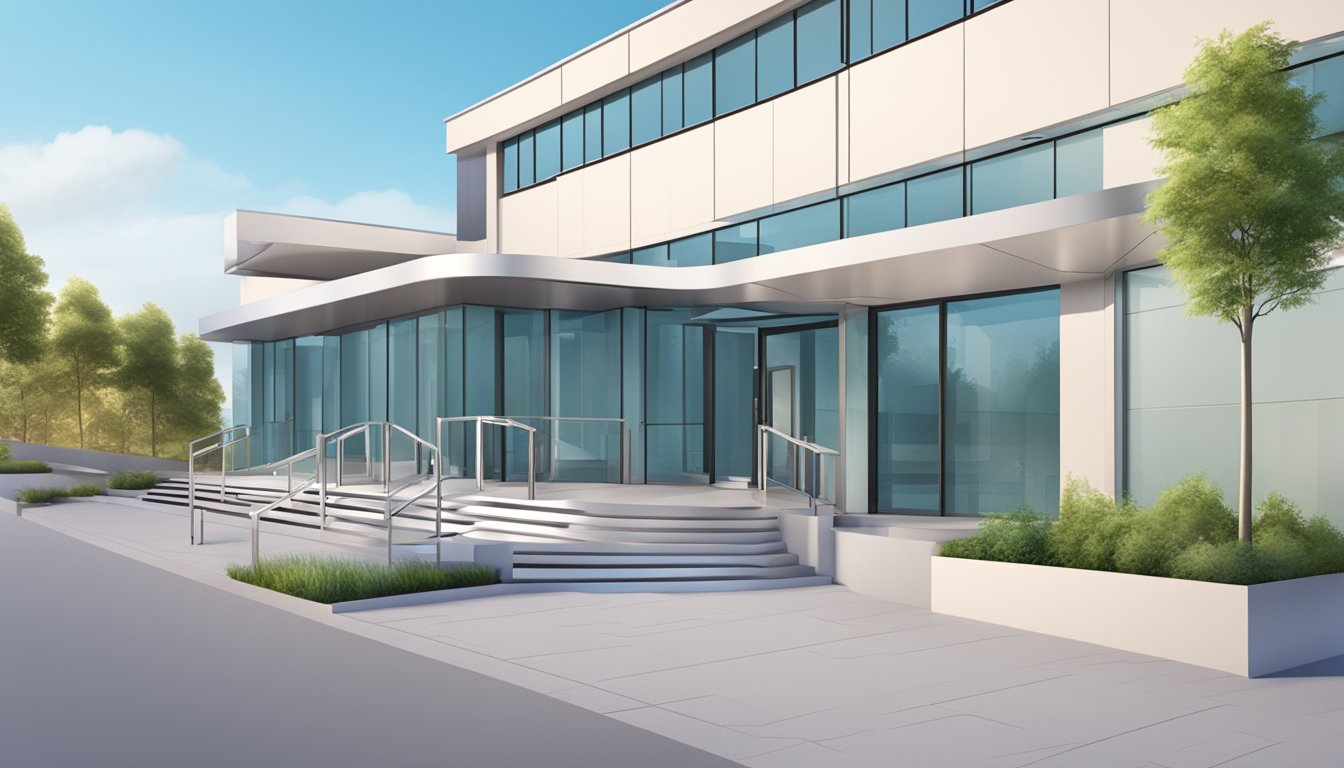 A modern medical clinic with wheelchair ramp, automatic doors, and clear signage for easy accessibility