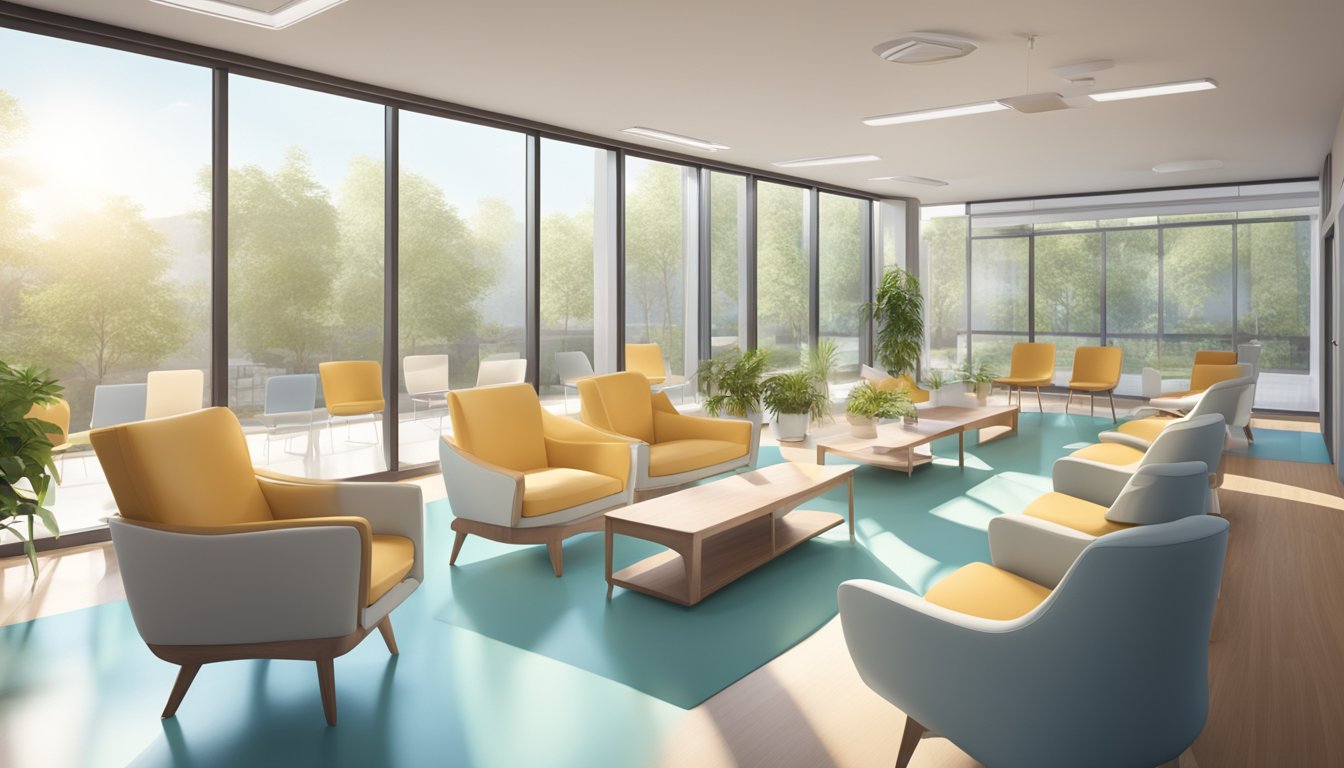 A modern cardiology clinic with a spacious waiting area, comfortable seating, and large windows allowing natural light to fill the room