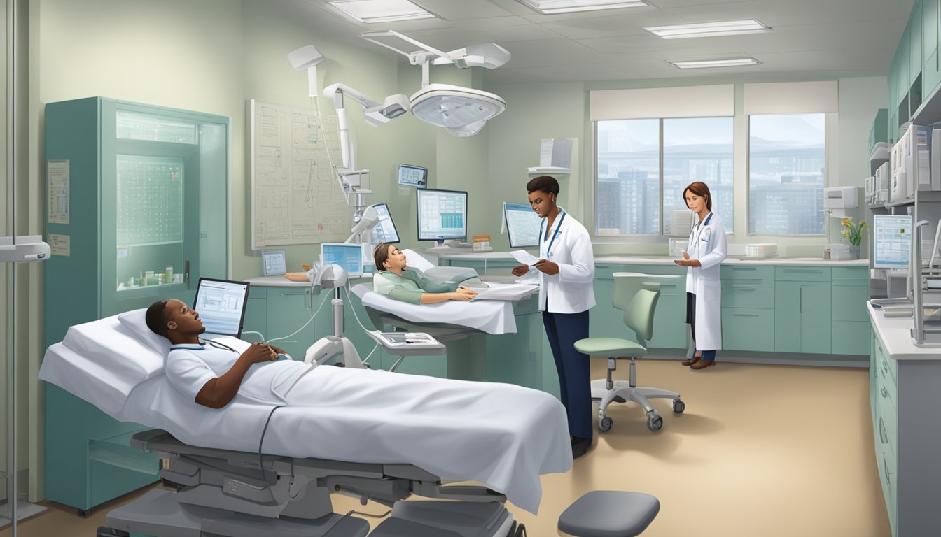 The doctor expertly reviews patient charts at Jireh Heart Centre, surrounded by medical equipment and a calming atmosphere