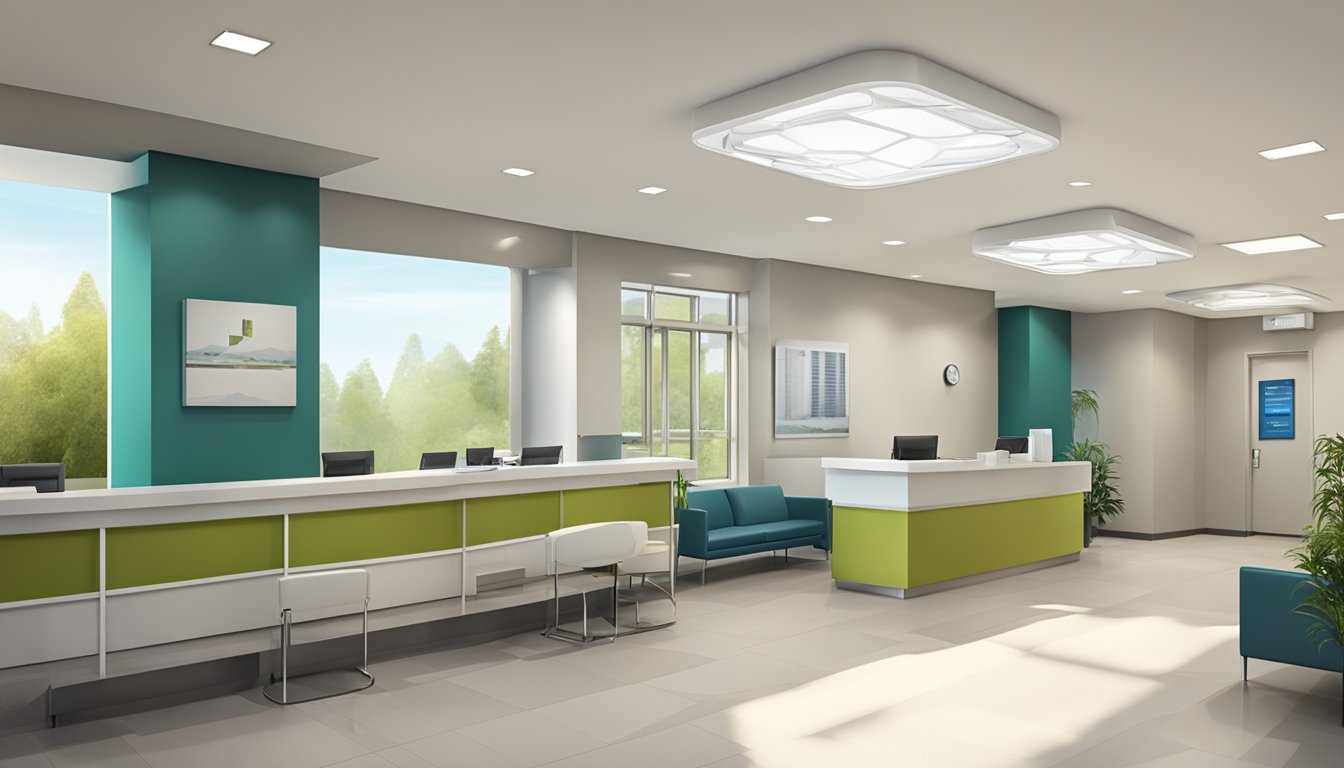 A modern cardiology clinic with a welcoming reception area, state-of-the-art equipment, and comfortable patient waiting areas. The clinic exudes a sense of professionalism and expertise