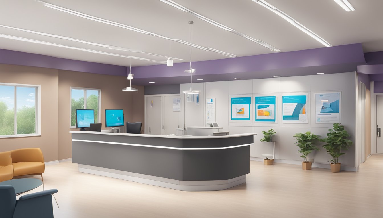 A modern cardiology clinic with state-of-the-art equipment and comfortable waiting area. The reception desk is staffed by friendly professionals, and the walls are adorned with educational posters on heart health