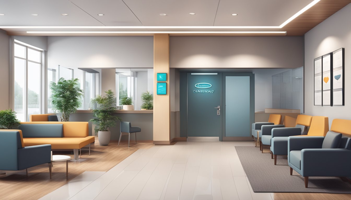 A modern cardiology clinic with sleek signage and a welcoming entrance. The waiting area is furnished with comfortable chairs and a reception desk