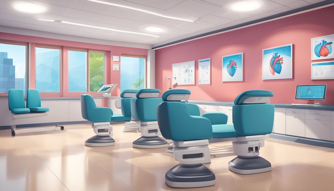 A modern cardiology clinic with state-of-the-art equipment and comfortable seating. The walls are adorned with educational posters and diagrams of the heart