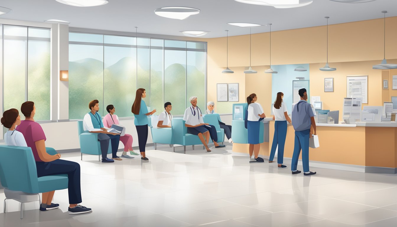 A busy cardiology clinic with patients waiting in the reception area, medical staff moving around, and informational brochures displayed on the walls