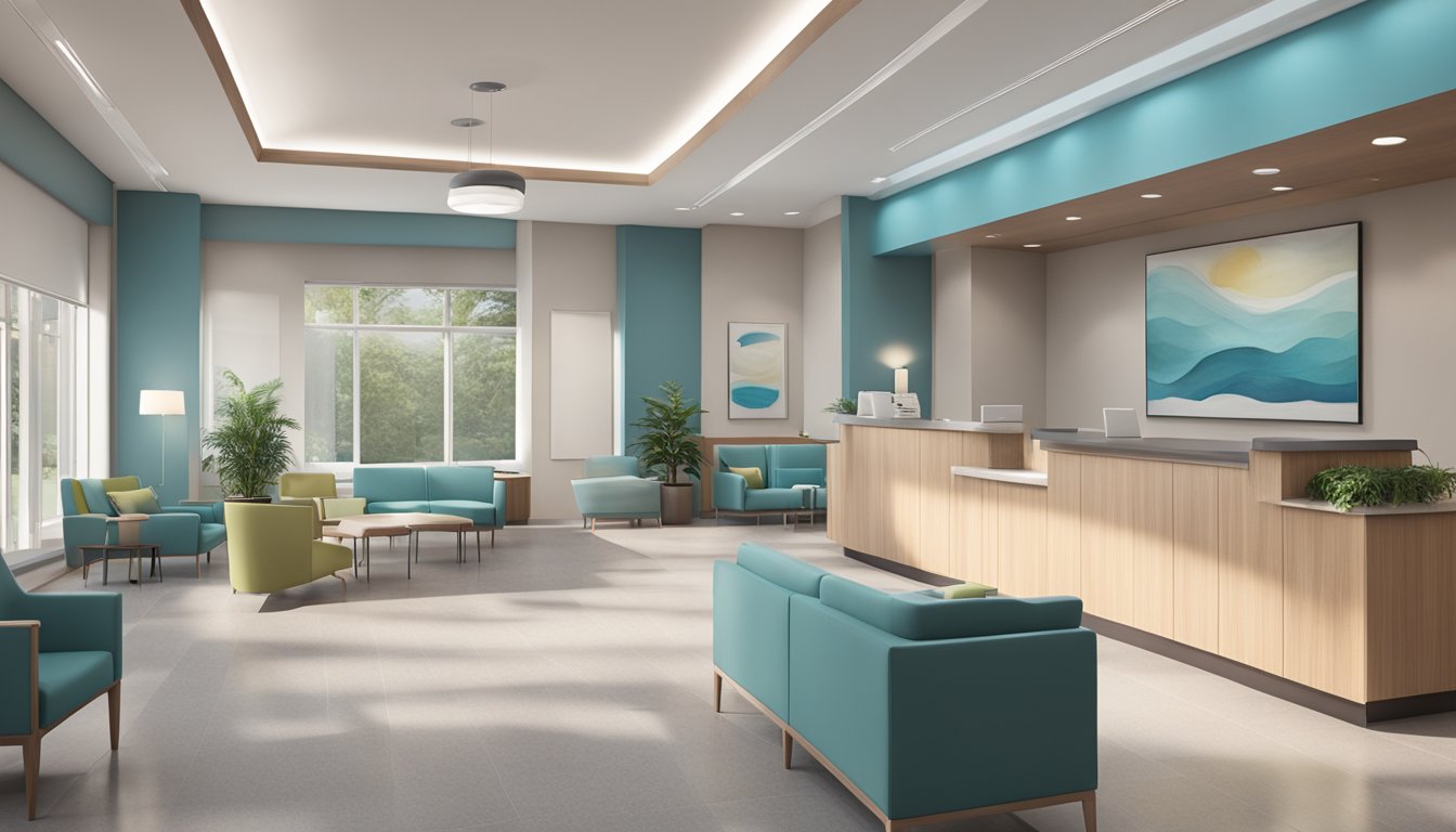 A modern cardiology clinic with sleek design, state-of-the-art equipment, and a calming atmosphere. The reception area features comfortable seating and a soothing color palette