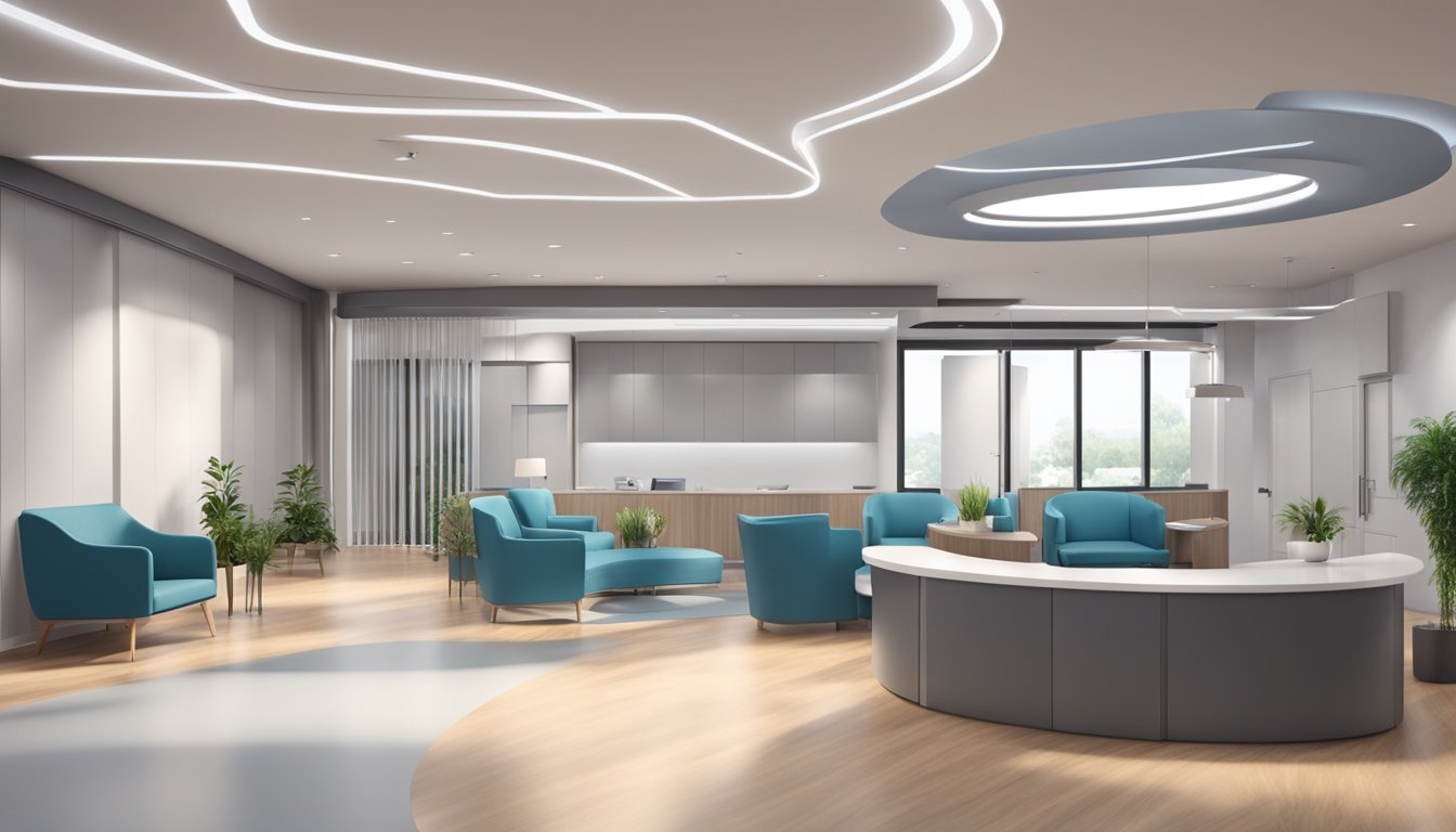 A modern, well-lit cardiology clinic with sleek furniture and state-of-the-art medical equipment. The reception area is spacious and inviting, with a professional yet comforting atmosphere