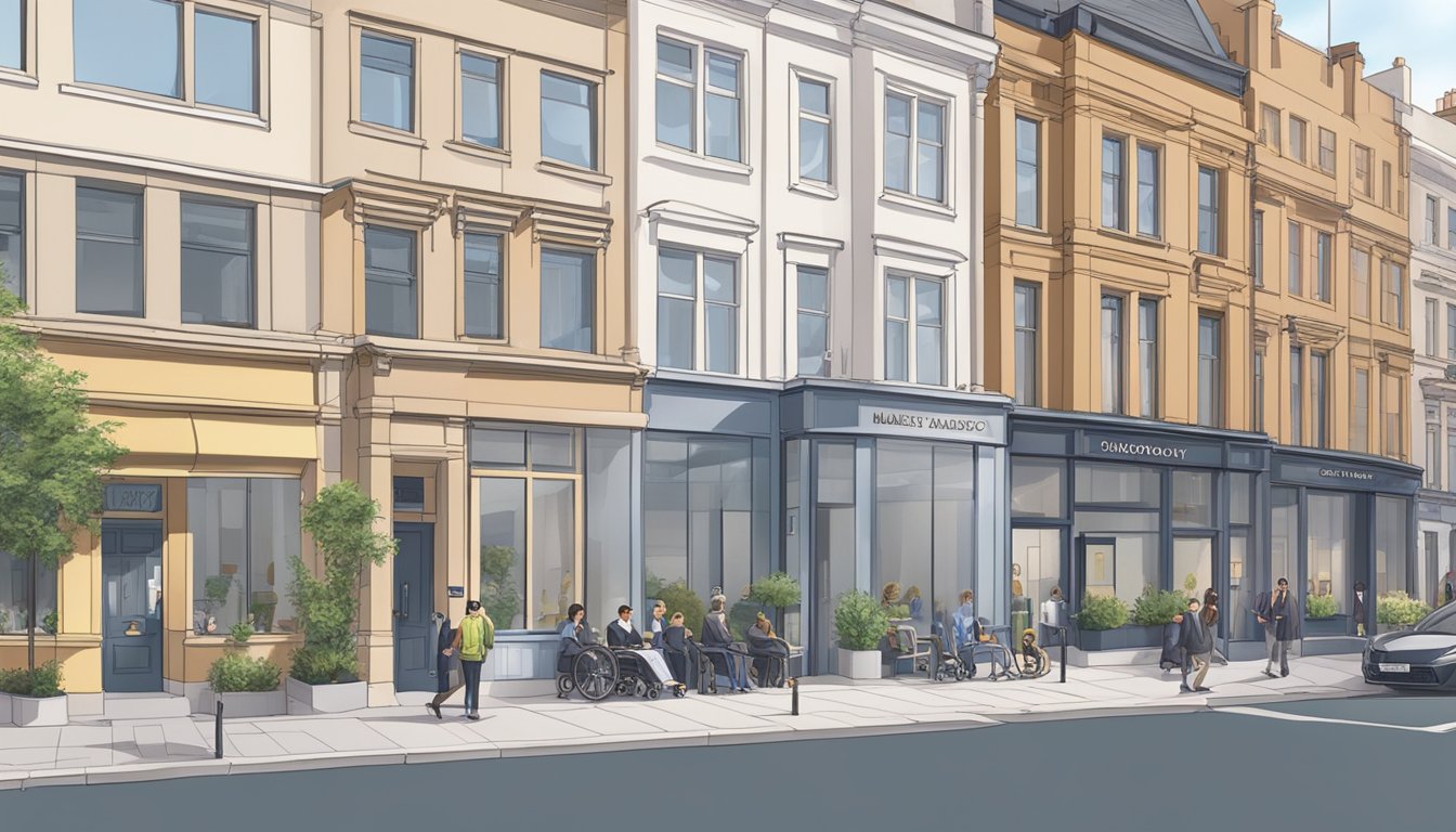 A modern, accessible cardiology clinic on Harley Street, with clear signage and wheelchair ramps, surrounded by a bustling cityscape