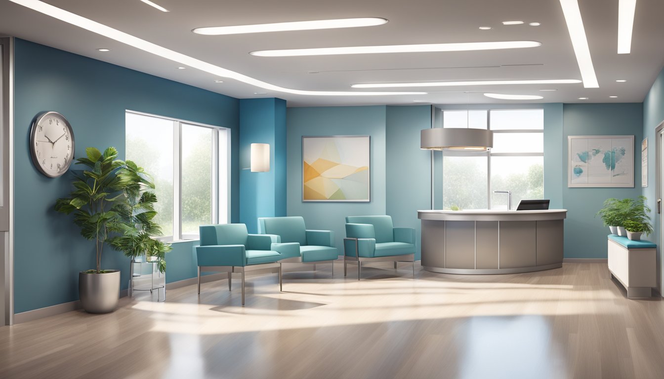 A modern, sleek cardiology clinic with a welcoming reception area, state-of-the-art medical equipment, and comfortable patient consultation rooms