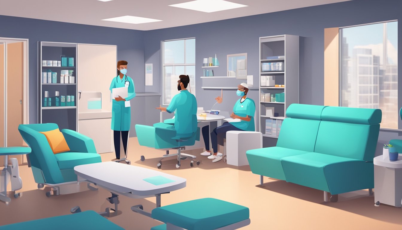 A modern cardiology clinic with sleek furniture and medical equipment. A doctor consults with a patient while a nurse prepares supplies