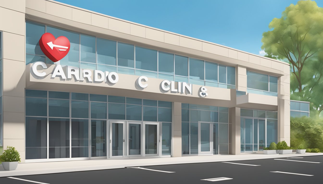The Cardio Clinic sign hangs above the entrance, with a heart symbol and bold lettering. The building is modern and inviting, with large windows and a clean, professional exterior