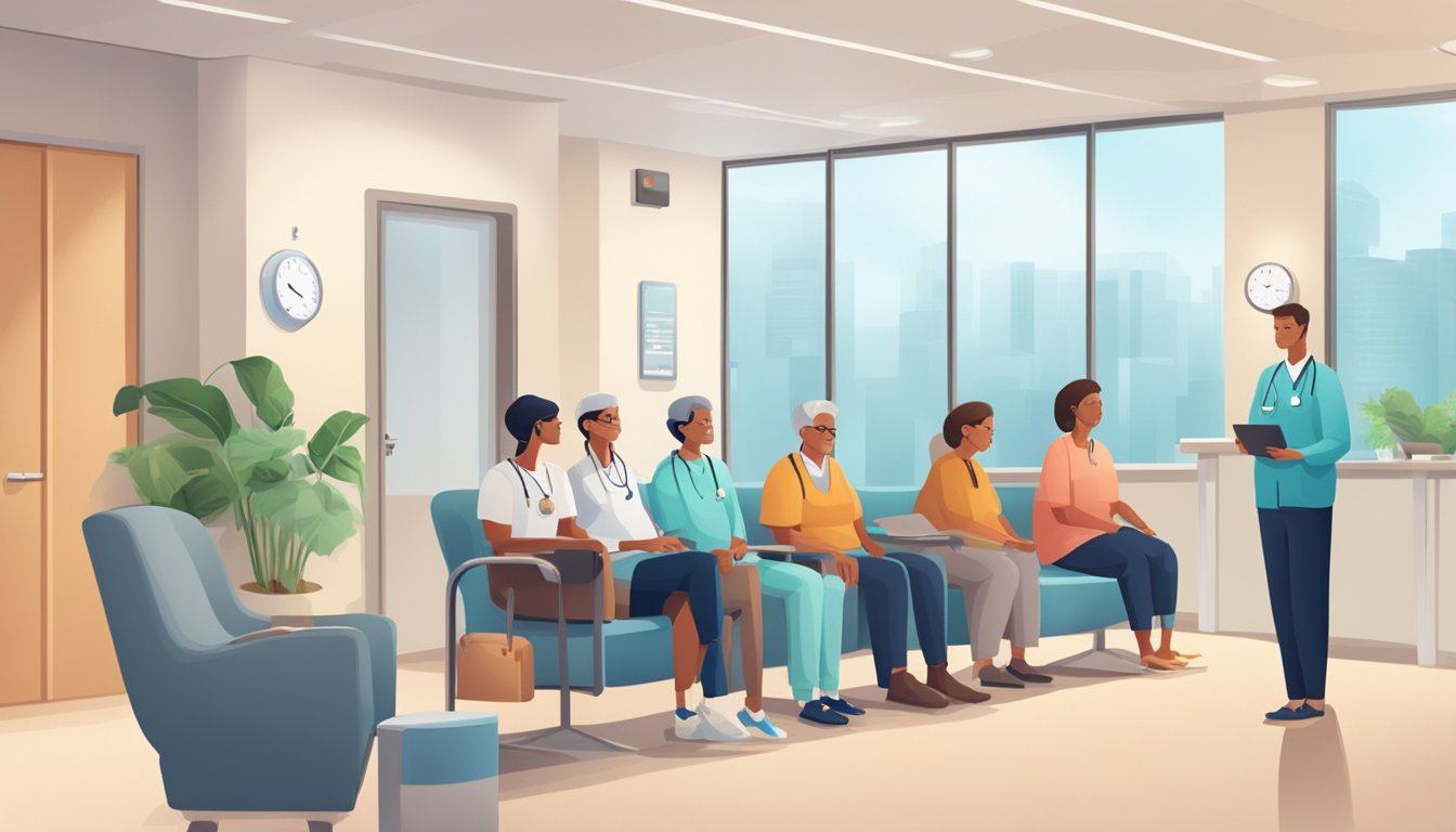 Patients fill the waiting room at the cardiology clinic. A receptionist checks them in while medical staff move about. The atmosphere is calm and professional