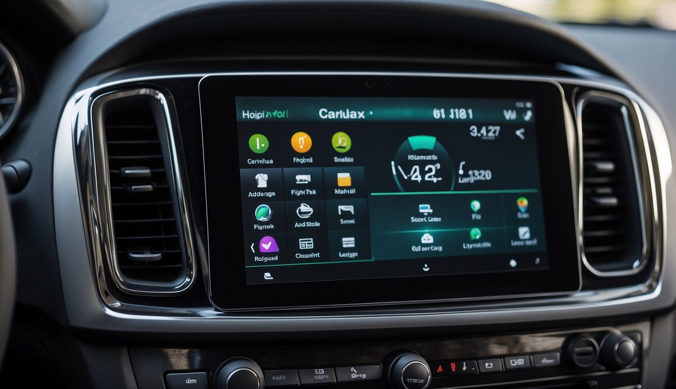 A carluex adaptor is plugged into a car's dashboard, connecting to an android phone. The phone's screen displays an interface for controlling the car's audio and navigation systems