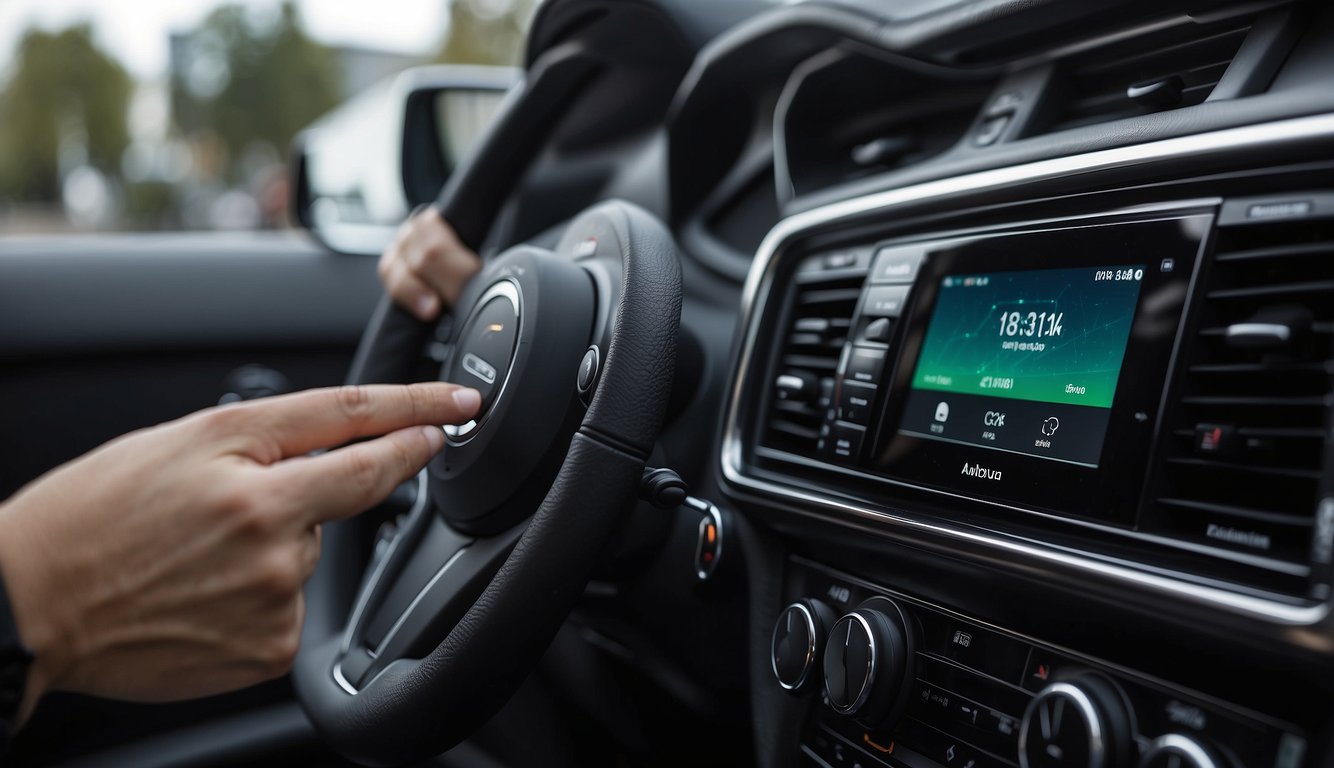 A hand reaching for a portable android auto adaptor, plugging it into a car's dashboard