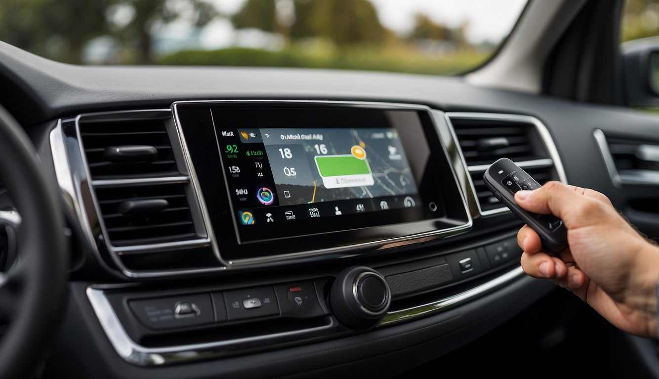 A hand holds a portable Android Auto adaptor near a car dashboard. Cables connect the adaptor to the car's interface