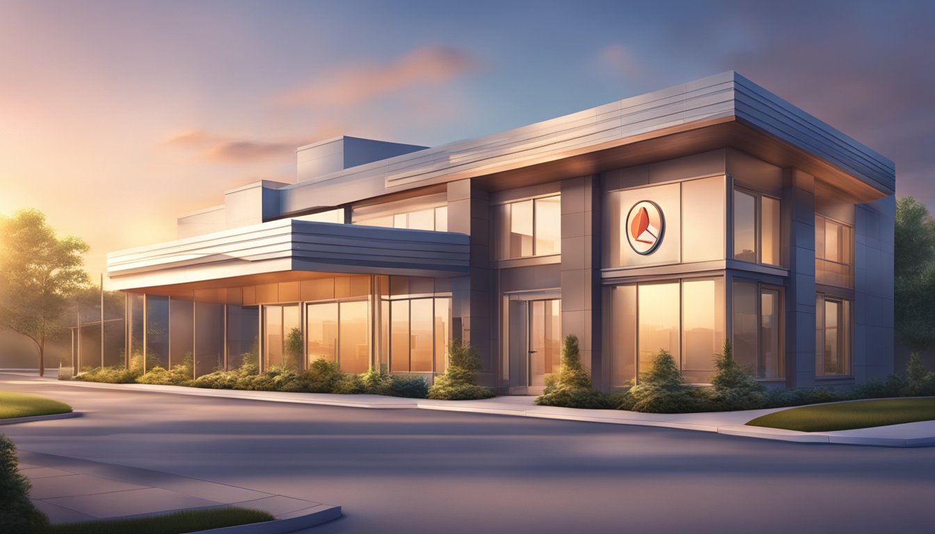 A modern cardiology clinic with a prominent sign, surrounded by a peaceful sunrise. The building features a sleek and professional design, with a warm and inviting atmosphere