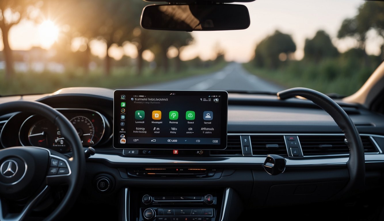 A car interior with a smartphone connected to a Carluex adaptor, displaying the Android Auto interface on the dashboard screen