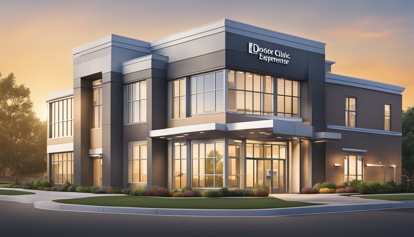 Sunrise illuminates the modern cardiology clinic exterior. A sign reads "Doctor Expertise Heart Specialist Clinic." The building's clean lines and welcoming entrance convey a sense of professionalism and care