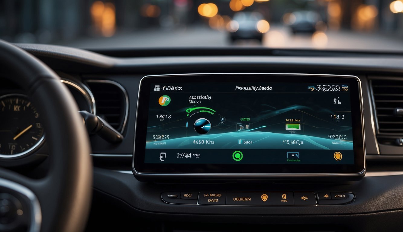 A car dashboard with a portable android auto adaptor plugged into the USB port, displaying the words "Frequently Asked Questions" on the screen