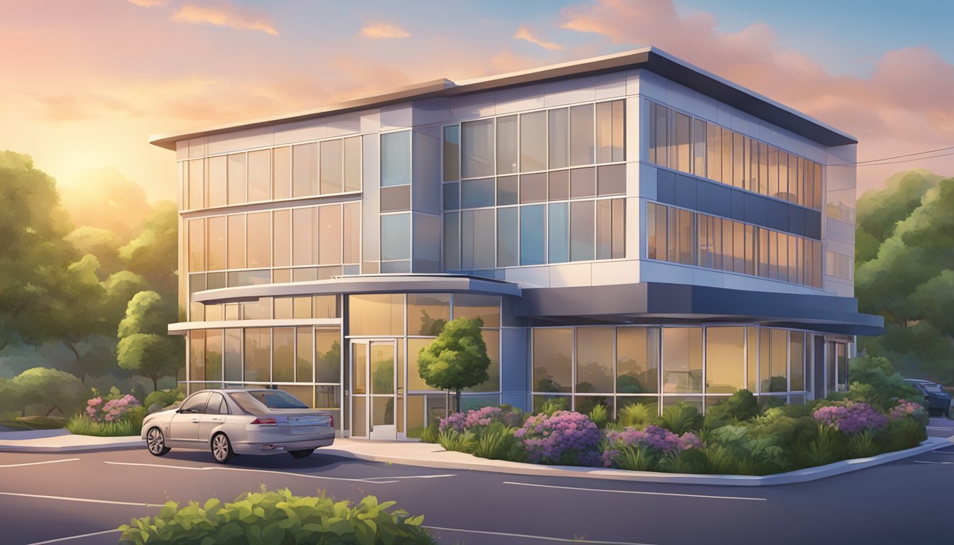 A sunrise over a modern heart specialist clinic with a prominent sign. The building is surrounded by lush greenery, and there are a few cars parked in the lot