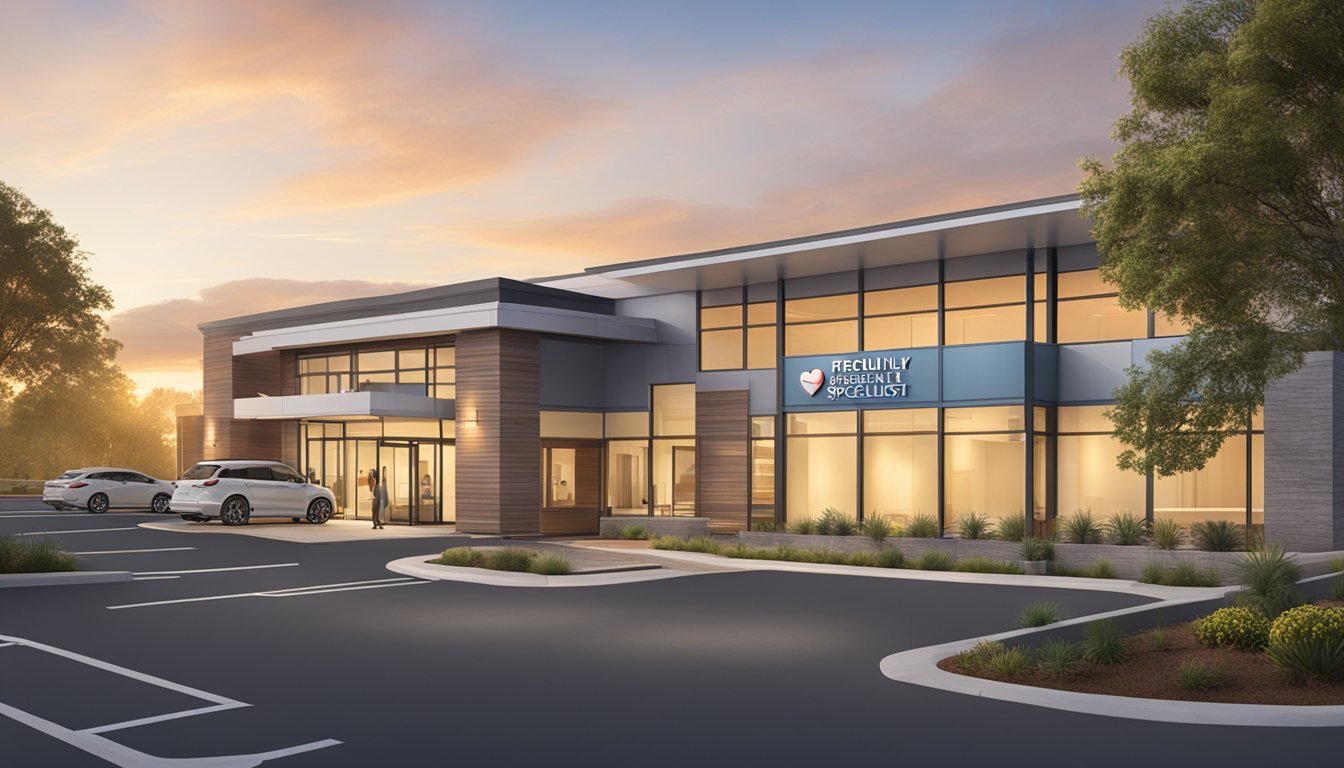 The sunrise casts a warm glow on the modern, inviting exterior of the Heart Specialist Clinic. A steady stream of patients enters the clinic, while a sign prominently displays "Frequently Asked Questions" for all to see