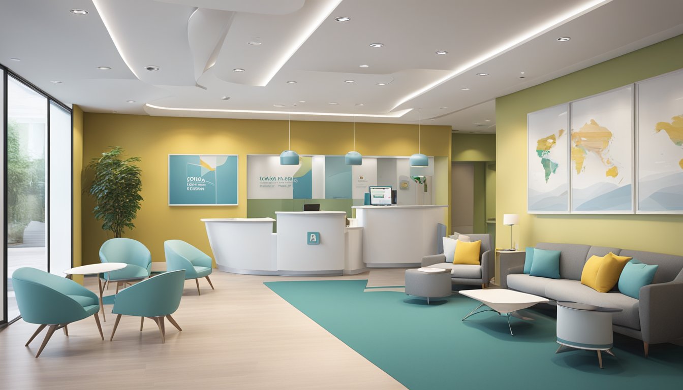 A modern cardiology clinic with sleek furniture, medical equipment, and a calming color scheme. The reception area is bright and welcoming, with a large logo displayed prominently