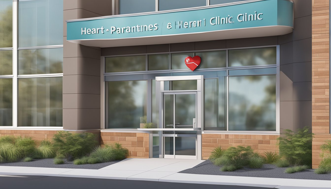 The Heart Partners Clinic sign hangs above the entrance, with a stethoscope and heart symbol. The building is modern and inviting, with large windows and a well-maintained exterior
