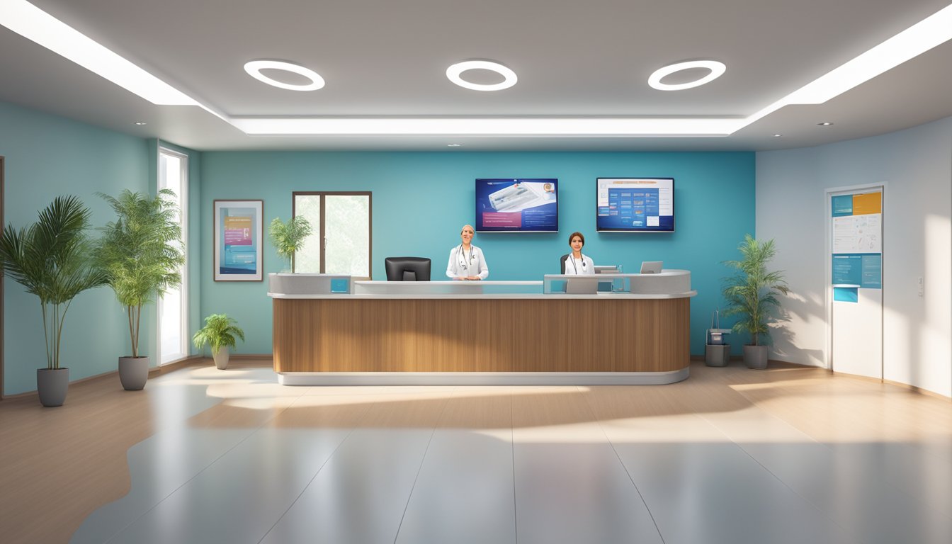 A modern cardiology clinic with state-of-the-art equipment and comfortable waiting area. The reception desk is staffed by friendly professionals, and the walls are adorned with educational posters on heart health
