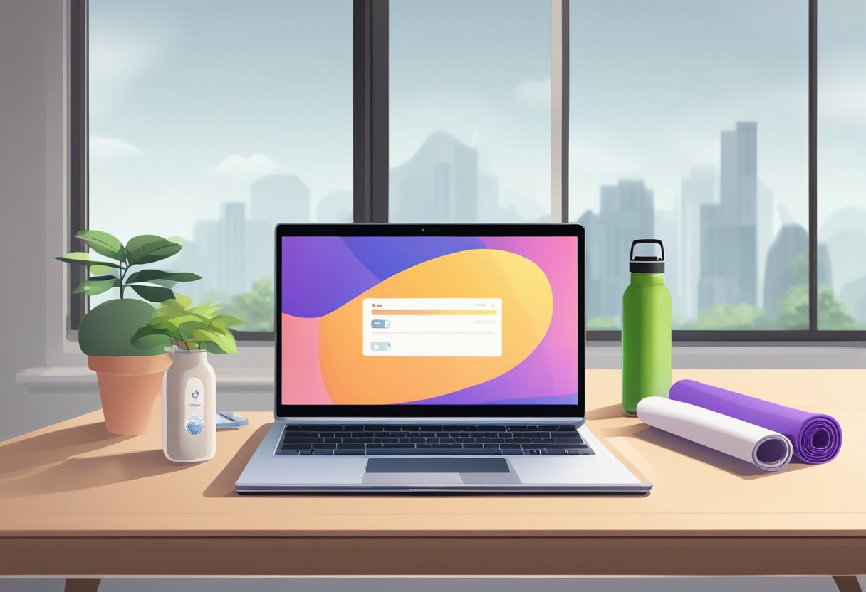 A laptop with a fitness app open, a water bottle, and a yoga mat in a well-lit room