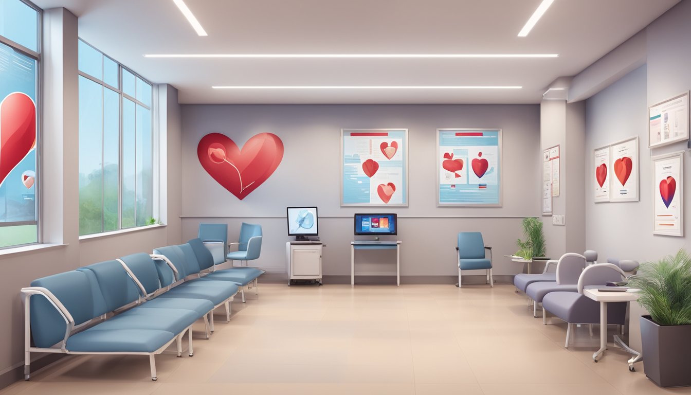 A modern cardiology clinic with state-of-the-art equipment and comfortable waiting area. The walls are adorned with educational posters about heart health