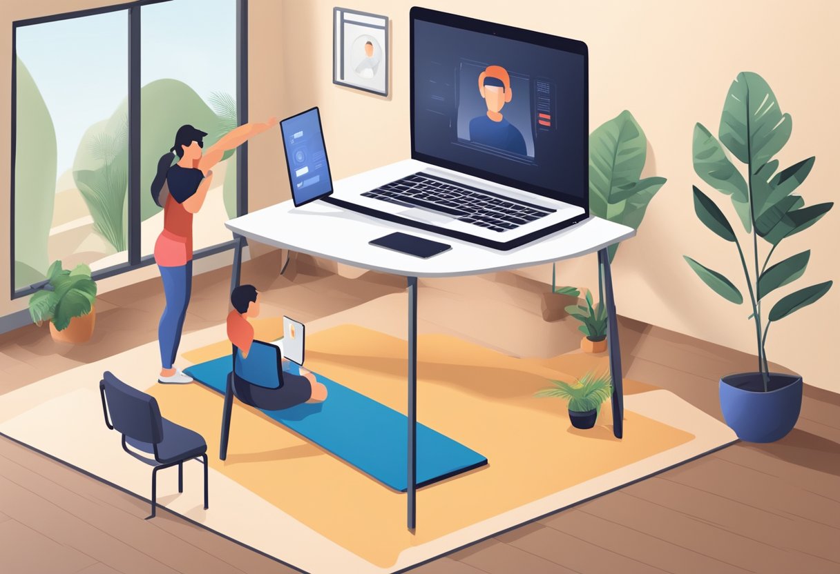 A laptop displaying a live online personal training session with a trainer guiding a client through exercises in a well-lit, spacious room