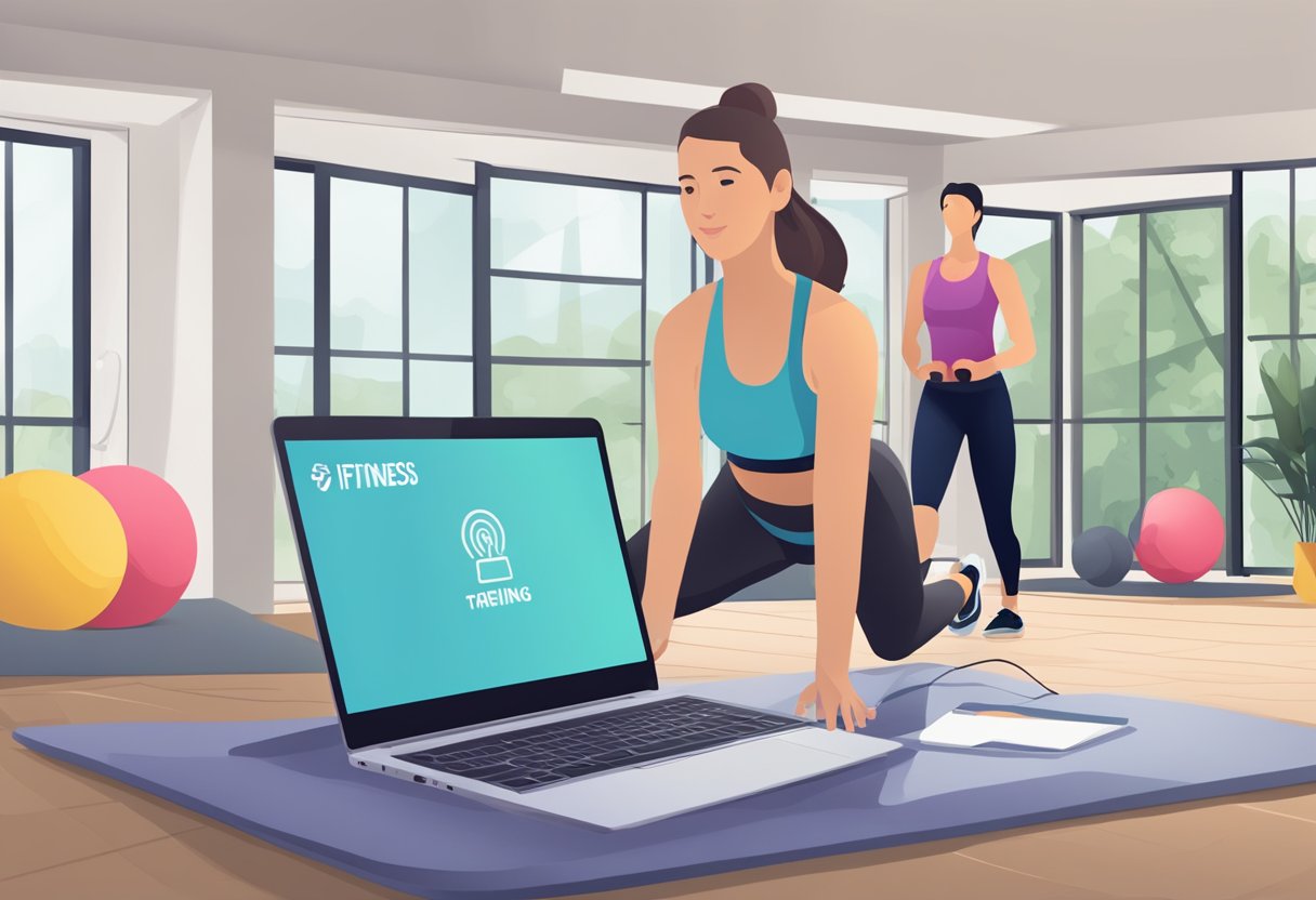 A laptop displaying a virtual personal training session, with a timer set for 25 minutes. A fitness instructor is leading the session, with exercise equipment in the background