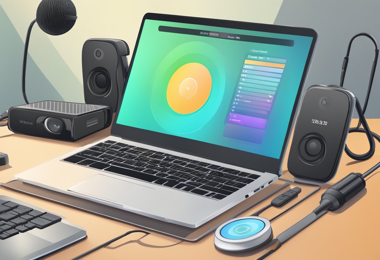 A laptop with webcam and microphone, fitness equipment in the background, and a timer set for 25 minutes