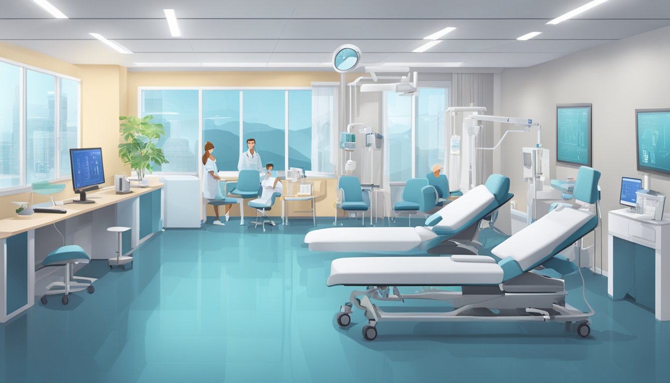 A modern cardiology clinic with state-of-the-art equipment and comfortable waiting area. Nurses and doctors are seen attending to patients