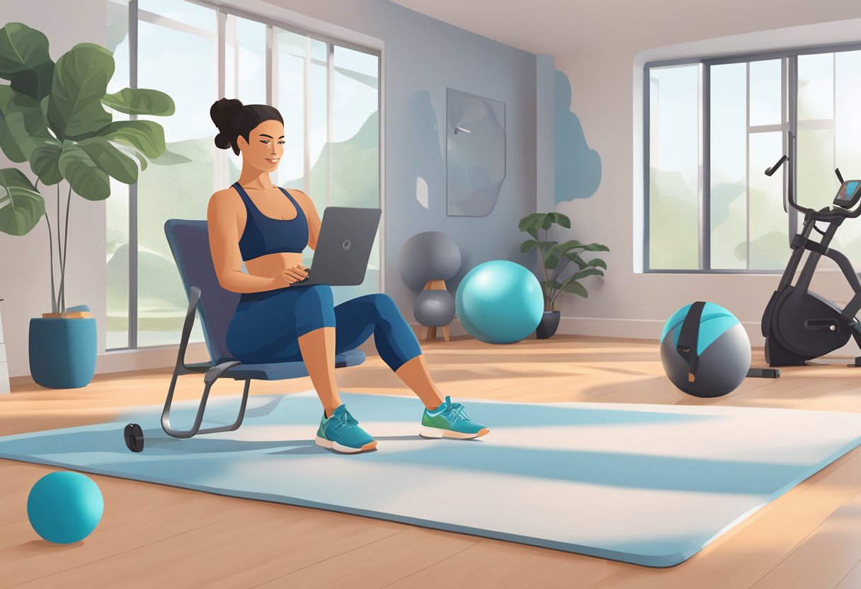 A virtual trainer leads a 25-minute live workout session online. The setting is a bright, spacious room with exercise equipment and a screen for the virtual session