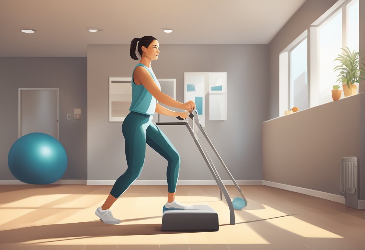 A person demonstrating proper exercise form with safety equipment in a well-lit, spacious room