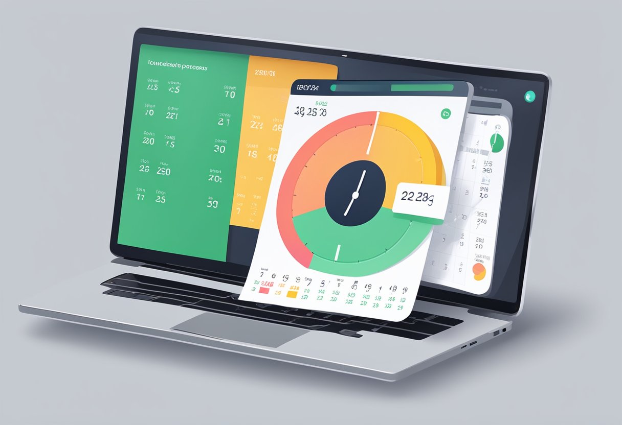 A stopwatch ticking at 25 minutes, a calendar with marked goals, and a progress chart displayed on a laptop screen