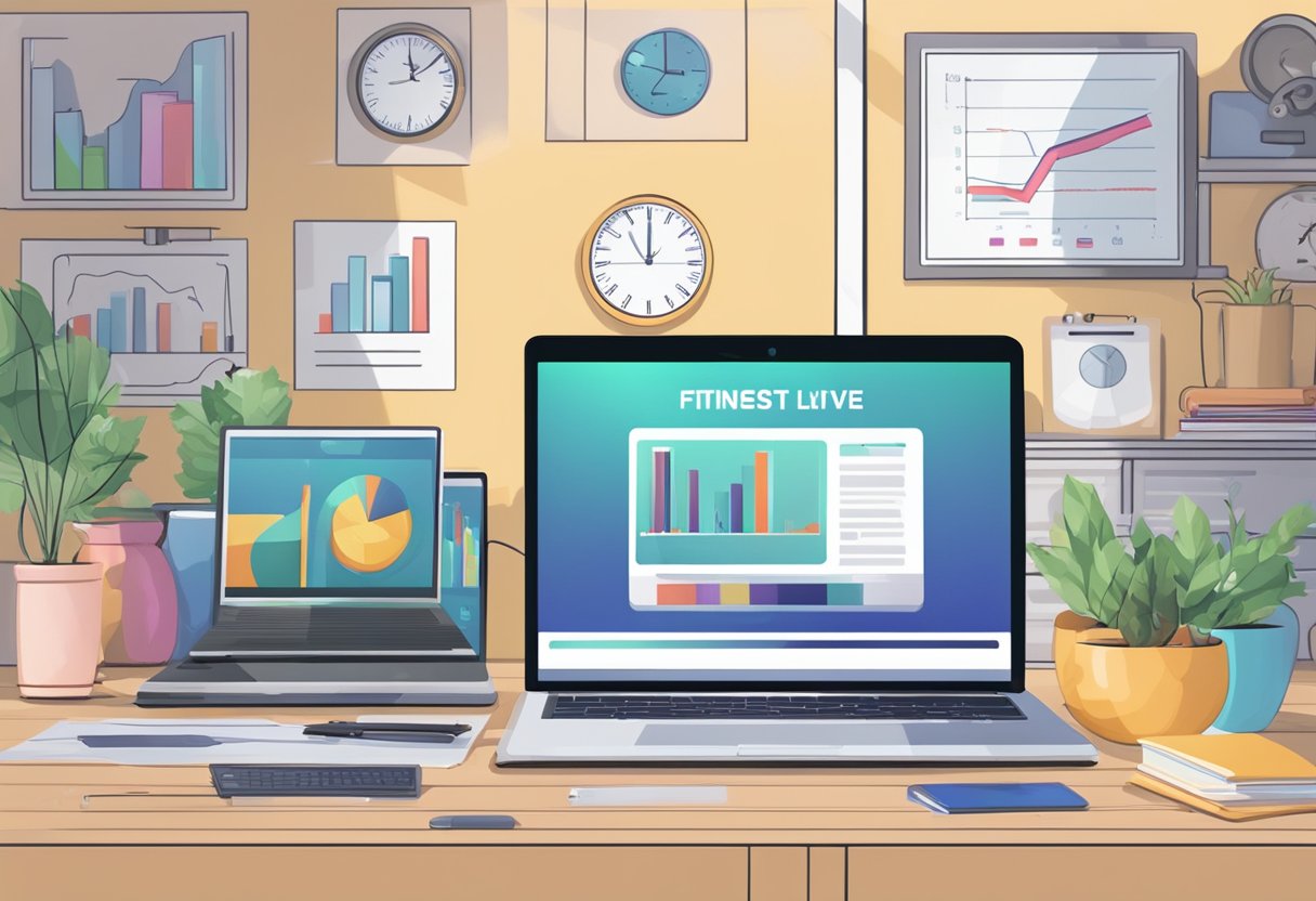 A laptop displaying a live online training program with a timer set to 25 minutes, surrounded by fitness equipment and motivational posters