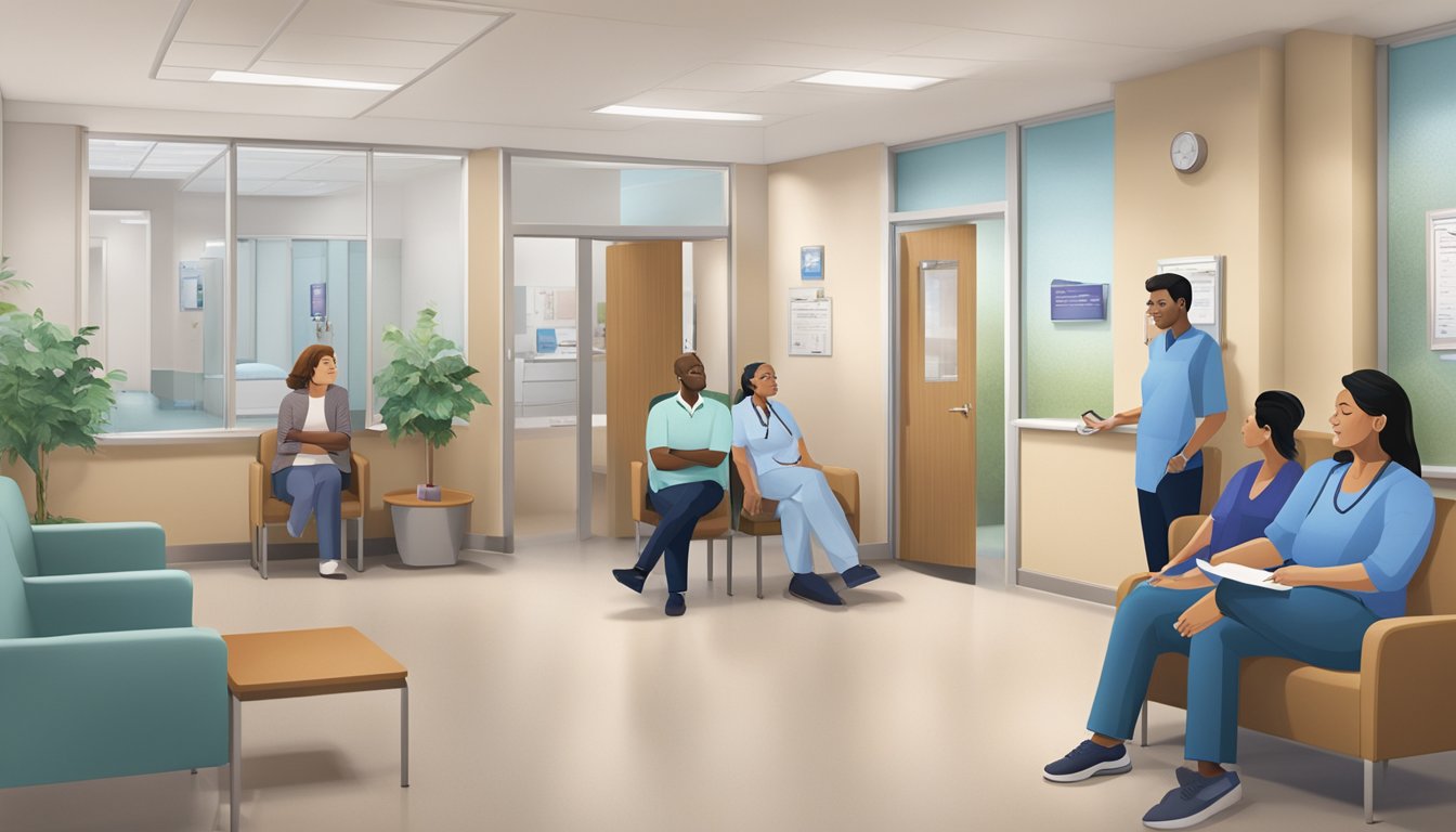 Patients fill the waiting room of the Heart Specialist Clinic, while staff members attend to their needs. The clinic is clean and modern, with heart health posters and informational brochures displayed prominently