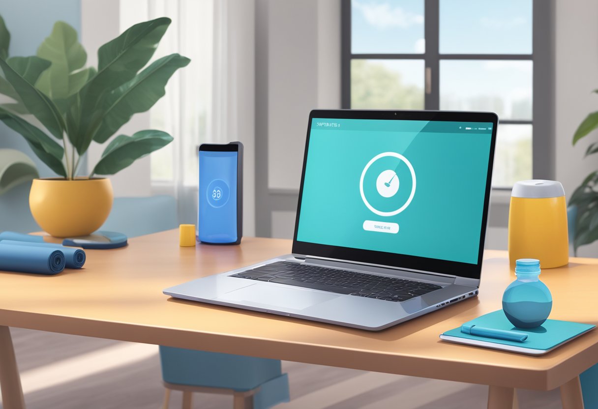 A laptop with a timer set to 25 minutes, a fitness mat, and a water bottle on a table in front of a virtual personal training session