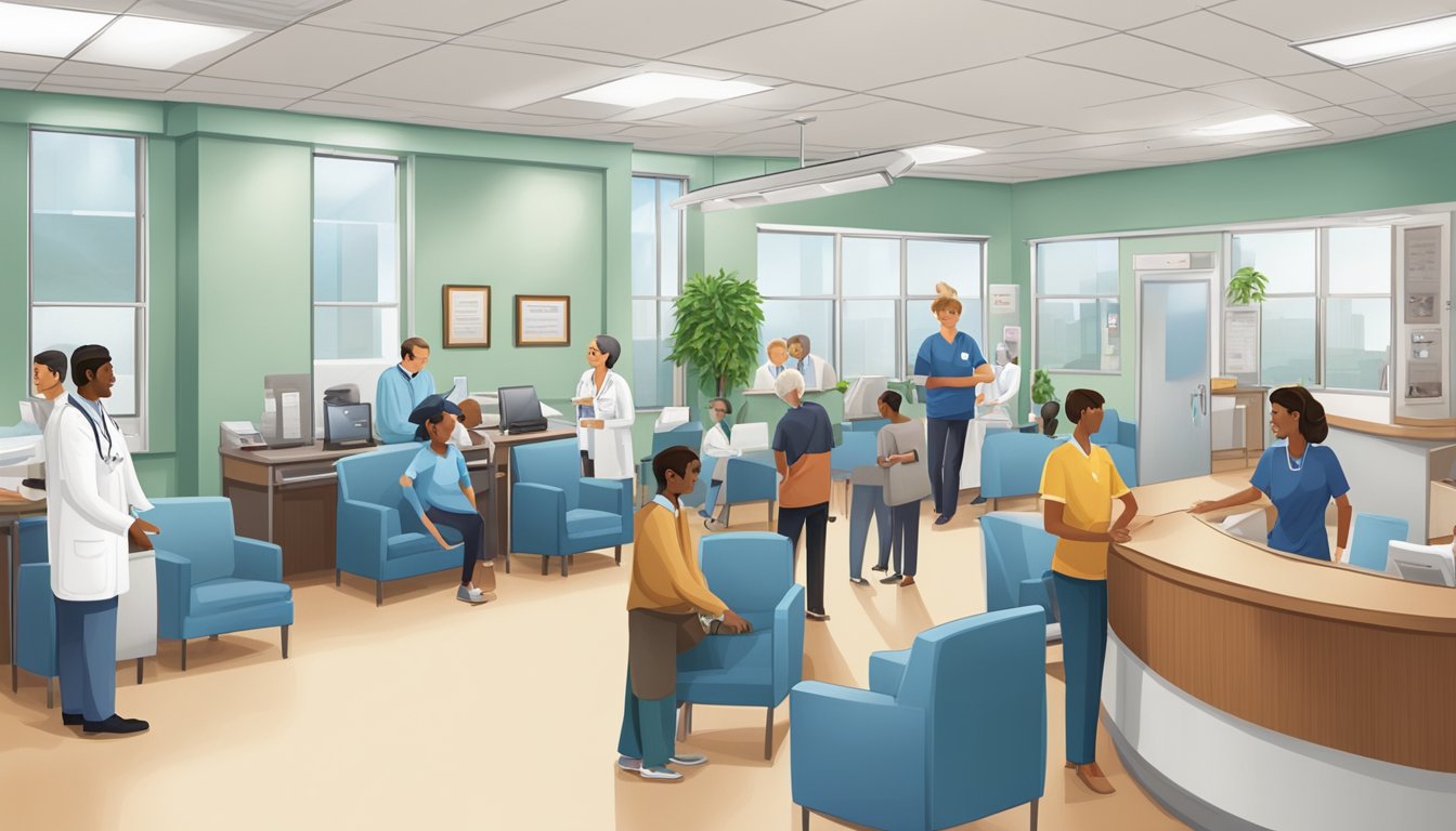 A bustling cardiology clinic with patients checking in, doctors consulting, and staff answering questions. The waiting area is filled with comfortable chairs and a reception desk