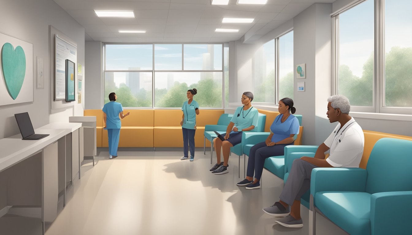 Patients fill the waiting room at Heart Partners Clinic, a modern cardiology clinic. The receptionist checks in a new arrival, while medical staff move purposefully through the space