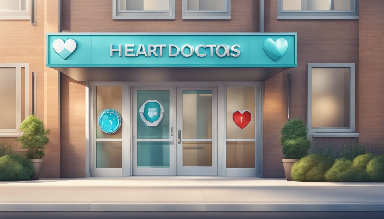 The Heart Doctors Clinic sign hangs above the entrance, with a stethoscope and heart symbol. The building is modern and welcoming, with large windows and a clean, professional appearance