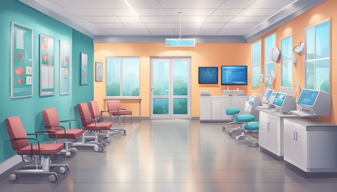 A modern cardiology clinic with a waiting area, exam rooms, and staff at work. Medical equipment and heart-related posters on the walls