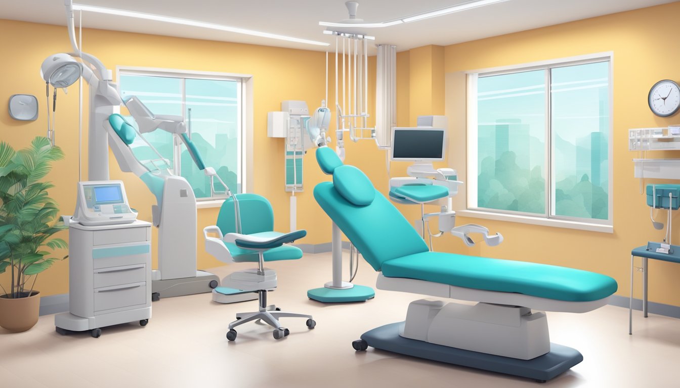 A modern clinic with medical equipment, heart diagrams, and comfortable seating for patients. The atmosphere is professional and welcoming